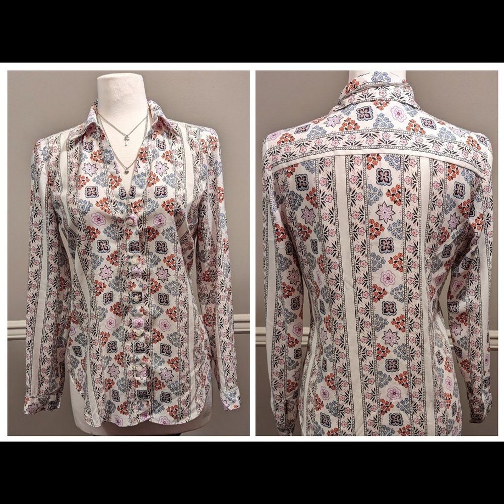 Beige Purple Pink Blue Orange Floral Multicolor Ann Taylor Button Dress Shirt S